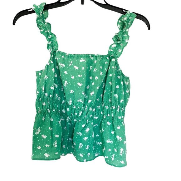 H&M Green White Floral Sleeveless Peplum Shirred Tank Top Blouse Size Small - Picture 1 of 4